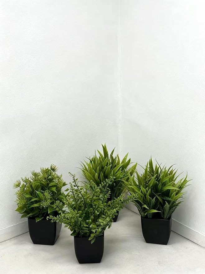 4 Pack Small Artificial Plants in Pots, Faux Mini Potted Fake Greenery Assortment for Home Office Desk Decor, Realistic Lifelike Plastic Foliage Indoor Outdoor Decoration