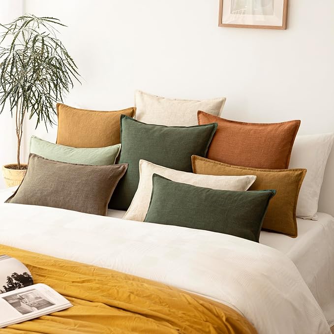 Foindtower Pack of 2, Decorative Linen Solid Throw Pillow Covers Soft Accent Cushion Case Farmhouse Neutral Pillowcase for Chair Couch Sofa Bedroom Living Room Home Decor 18 x 18 Inch Dark Olive Green