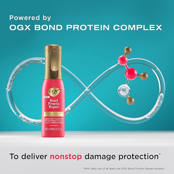OGX Repair & Protect Bond Protein Repair 450°F Heat Protect Spray, Weightless Mist for Nonstop Damage Protection* to All Hair Types, Heat Spray Preps Hair for Styling, 6.5 fl. oz (Pack of 2)