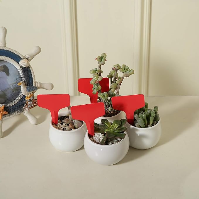 100 Pcs T-Type Plant Labels with a Gel Pen, Waterproof Nursery Plant Tags Plastic Garden Markers, Red, 6 x 10cm