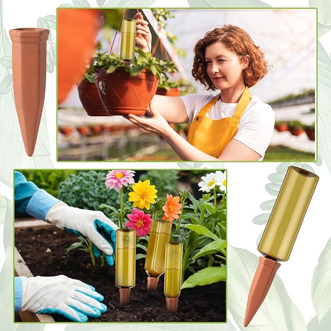 12 Pcs 17oz 25oz 34oz Plant Watering Devices 6 Terracotta Self Watering Spikes 6 Plastic Bottles Slow Release Vacation Planter Insert Automatic Water System for Indoor Outdoor Potted Plant