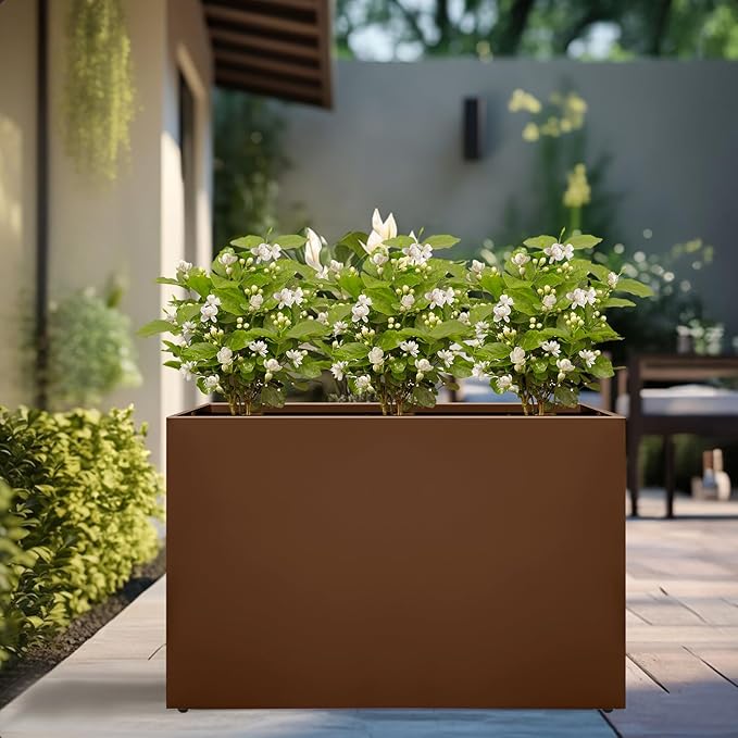 Galvanized Steel Planter Box-No Installation Required Metal Rectangular Block Long Box Planter Modern Outdoor Planters All-Weather Use with Drainage Holes for Patio/Porch, 36×24×12IN(Brown)