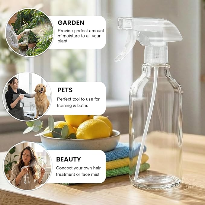 Glass Spray Bottles 16.9oz Empty Spray Bottle Mist/Stream Spraying Small Refillable Containers for Hair Care, Cleaning Solutions, Plants, Essential Oils 1 Pack (Clear-1, 16.9oz)