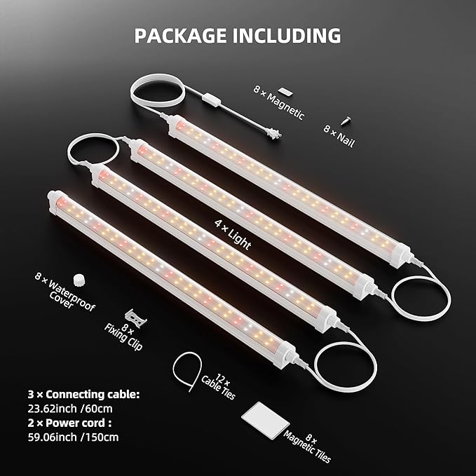 Spider Farmer 1FT LED Grow Lights for Indoor Plants,Full Spectrum (3000K+5000K+660nm),40W (4x10W,200W Equivalent),3-Level Dimmable,IP65 Waterproof,Linkable Design,Plant Light Strip for Shelve,4-Pack