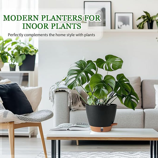 2 Pack 8 Inch Pots for Plants Indoor, Plastic Self Watering Planters with Drainage Holes, Water Level Indicator & Deep Reservoir, Decorative Flower Pots Indoor Outdoor Use (Black