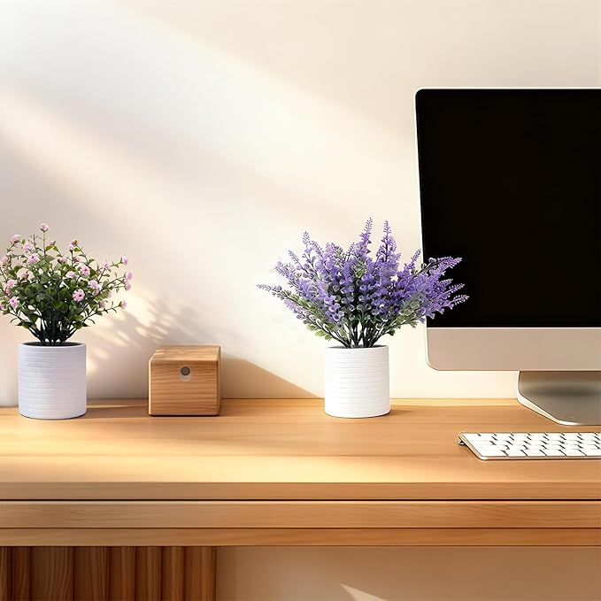 FGSAEOR Mini Potted Fake Plants, Small Artificial Greenery Plants Topiaries, Low Maintenance, Shelf Desk Room Table Office Home Decor (3-Pack) (White Pot - Purple Pink)