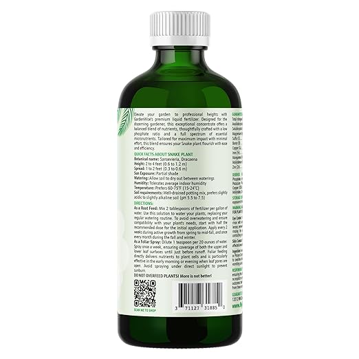 GARDENWISE 3-1-2 Liquid Fertilizer Concentrate with Micronutrients - Ideal Snake Plant Food for Sansevieria (Dracaena trifasciata), Indoor Plant Care (8 OZ)