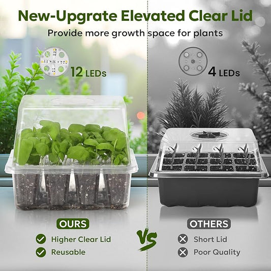 MIXC Seed Starter Kit with Grow Light, Elevated Seedling Tray Kit with Adjustable Humidity Dome and Clear Cell Tray, 12 Full Spectrum Led Beads for Seed Starting Greenhouse, 4 Pack, Transparent