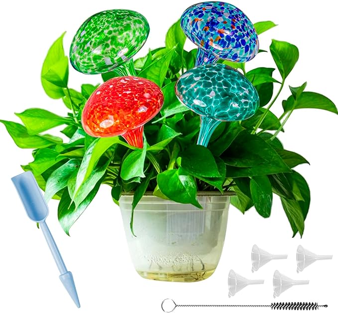 Plant Watering Globes 8"L x 3.5"D, 4Pcs Large Self Watering Planter Insert Glass Plant Watering Devices for Indoor Outdoor Plants, Mushroom Automatic Plant Waterer Watering Spikes Bulbs+Funnel &Shovel