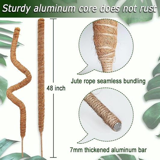 2 Pack 48'' Bendable Moss Pole for Monstera & Pothos - Tall Handmade Coco Coir Plant Support Stakes for Large Climbing Indoor Plants, Potted Houseplant Trellis Accessories