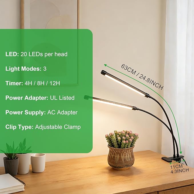 Dual Head Grow Lights for Indoor Plants, 40 LED Full Spectrum Plant Light with Clip & UL-Certified Adapter, 3 Light Modes & 5-Level Dimmable, 4/8/12H Auto Timer for Seedling, Succulents