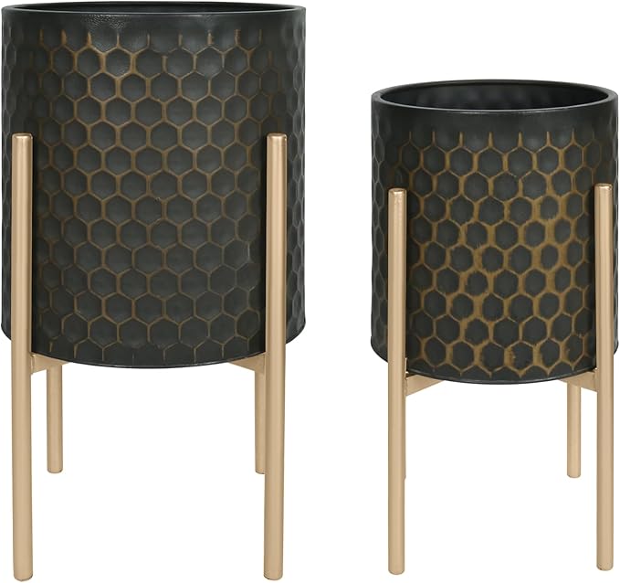 Oakrain Mid Century Planters for Indoor Plants, Set of 2, Modern Decorative Metal Pots for Living Room, Office, Garden or Balcony, Black&Golden Honeycomb, 10" &12"