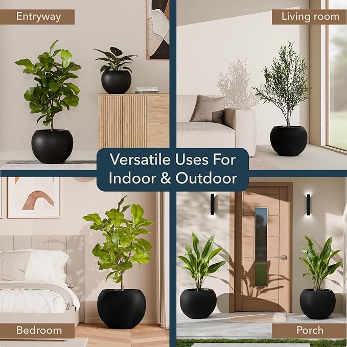 KUTE NEST 16" H x 20" D Premium Globo Fiberstone Round Planter with Drainage Hole, Smooth Finishes, Weather Resistant for Indoor and Outdoor Use, Included 2 Extra Coco Mats (Black, 13.5" Pot Opening)