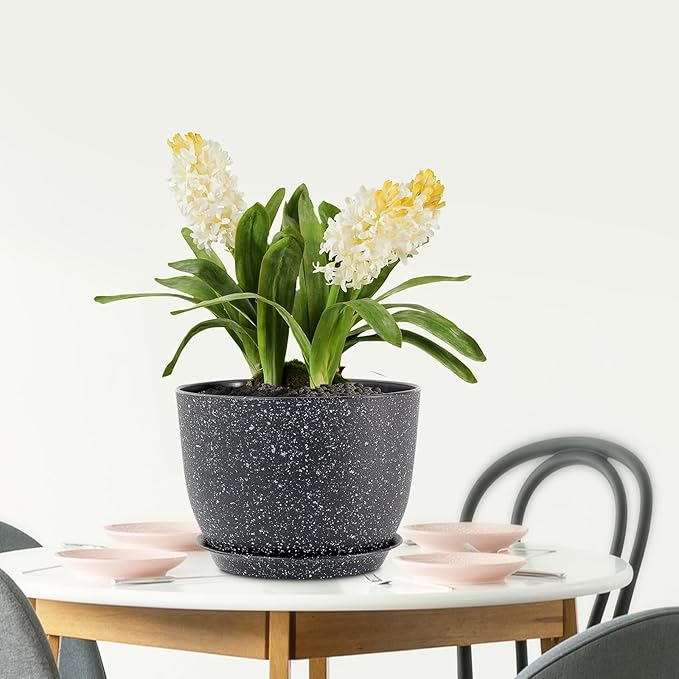 Meowell 12 inch Big Plant Pots, Plastic Planters with Drainage Holes and Trays, Large Flower Pots for Indoor Outdoor Plants, Modern Decorative Pots for Garden House Plants, Speckled Black