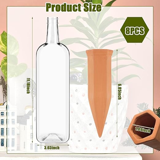 8 Pcs Plant Watering Devices Terracotta Self Watering Plant Spikes and Plastic Bottles, Automatic Terra Cotta Watering Spikes Plant Waterer Slow Release Planter for Indoor Outdoor Home Vacation