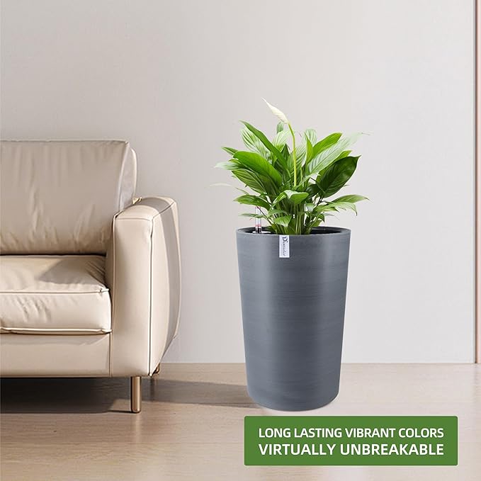 Dexceder 16x12 Tall Self Watering Planter High Cylinder Indoor Outdoor, Thickened Large Floor Standing Flower Plant Pot with Water Level Indicator (Gray, Wire Drawing)