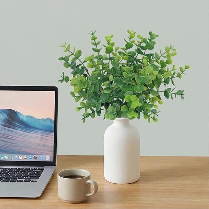 12" Artificial Sage Eucalyptus Stems Potted Plant - Realistic Small Fake Desk Plants for Office Home Decor, Faux Plants in Frosted Ceramic Vase for Indoor Spaces, Table Decor(7 pcs)