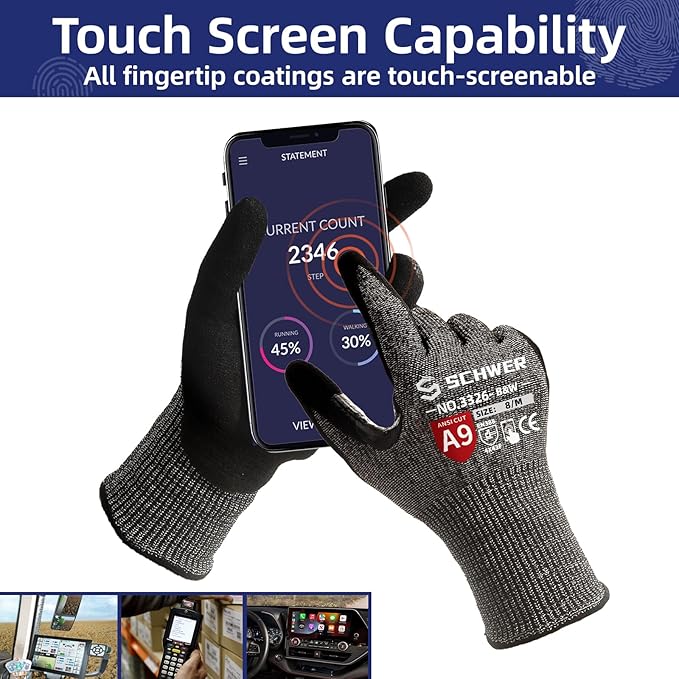 Schwer ProGuard High Level Cut Resistant Work Gloves PR3326 for Extreme Protection,ANSI A9 Cut Gloves with Reinforced Thumb, Non Slip, Breathable, Durable, Touch-screen,12 Pairs, Black (S)