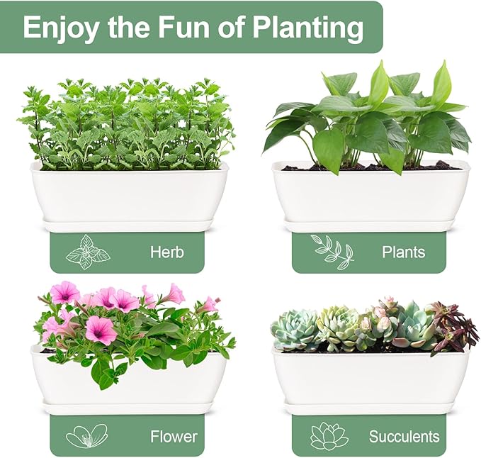 Oliz 4-Piece White Rectangular Window Sill Planters with Drainage Holes and Trays (11 Inches) for Basil, Orchids, and Succulents Modern Herb Garden Planters Suitable for Indoor/Outdoor Plants