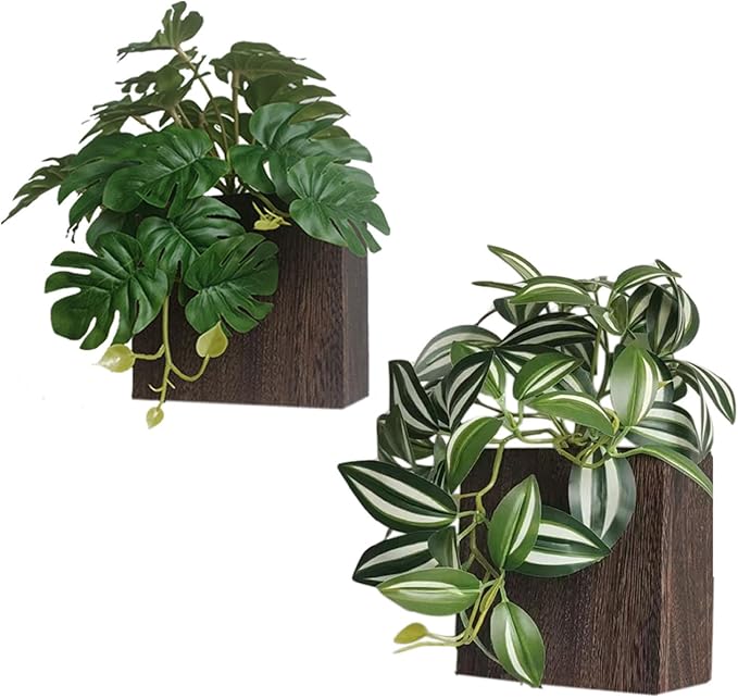 Wood Wall Planter Vase with Artificial Plants Wall Decor, Small Wall Plant Decor Hanging Greenery Fake Monstera Indoor for Living Room Bedroom Bathroom Kitchen Office (Brown)