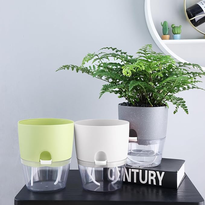 Oliz 6 Inch Self Watering Plastic Plant Pots for Indoor Plants - 3 Pack White Orchid Planters with Wick Ropes & Drainage Holes, Modern Decorative Garden Pots with Water Reservoir