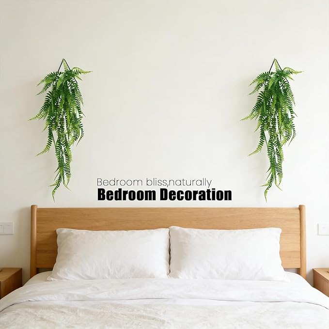 GREENTIME 2 Pack Artificial Boston Fern 28" Fake Hanging Plants with 9.8" Diamond Metal Planter UV Resistant No Maintenance Boho Wall Decor for Indoor Outdoor Bedroom Living Room Shelf