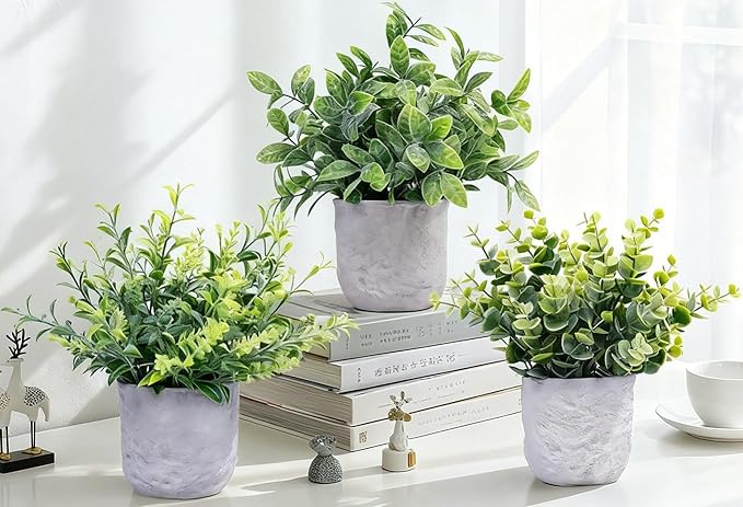3-Pack Potted Artificial Plants, Small Eucalyptus Faux Plants for Shelf Desk Home Bathroom Farmhouse Room Coffee Table Decor (A Sage Green)