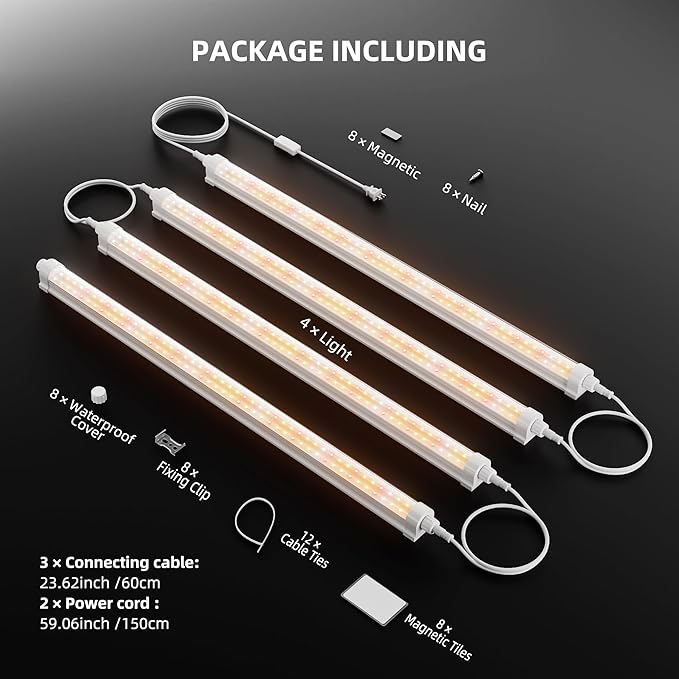 Spider Farmer 2FT LED Grow Lights for Indoor Plants,Full Spectrum (3000K+5000K+660nm),80W (4x20W,400W Equivalent),IP65 Waterproof,Linkable Design,Plant Light Strip for Shelves,Greenhouse,4-Pack
