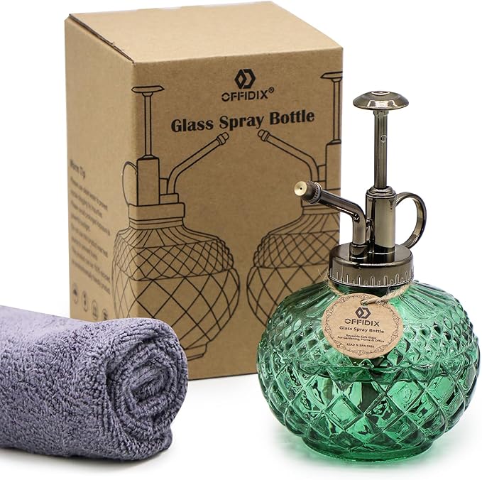 OFFIDIX Plant Mister Spray Bottle,Glass Decorative 300ML Vintage Watering Small Indoor Watering Can with Plastic Pump for Indoor Plants,Garden,Cleaning(Dark Green)