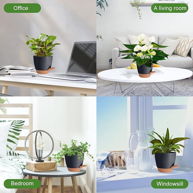 Vanslogreen Planters for Indoor Plants, 8/7/6.5/6/5.5/5 Inch Self Watering Plant Planters with Drainage Hole, Plastic Planters Flower Pots for Indoor Outdoor Plants (Black)