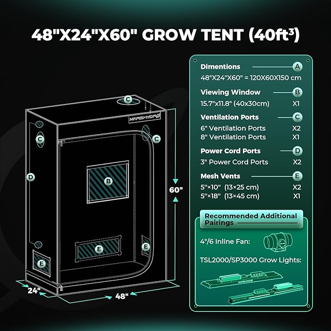 MARS HYDRO 4x2x6 Advanced Grow Tent, 48"x24"x71" High Reflective Mylar 1680D for Hydroponics Indoor Plant Growing, with Observation Window,Floor Tray and Smooth Zipper for TSL2000/SP3000
