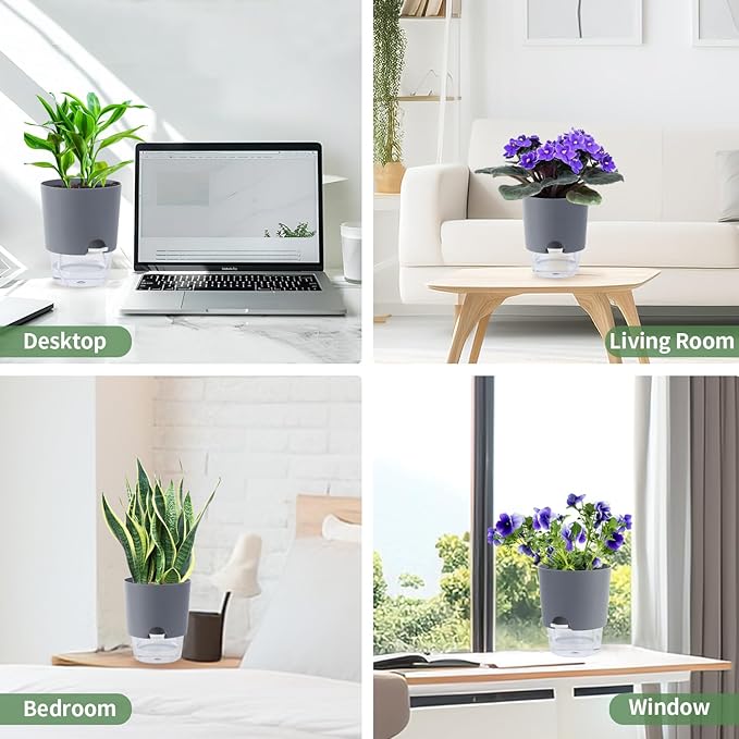 Oliz 6.3 Inch Self Watering Planter Pots for Indoor Plants, 3 Packs African Violet Pots with Wick Rope and Visible Reservoir Self Watering Planter for Herb, Houseplants