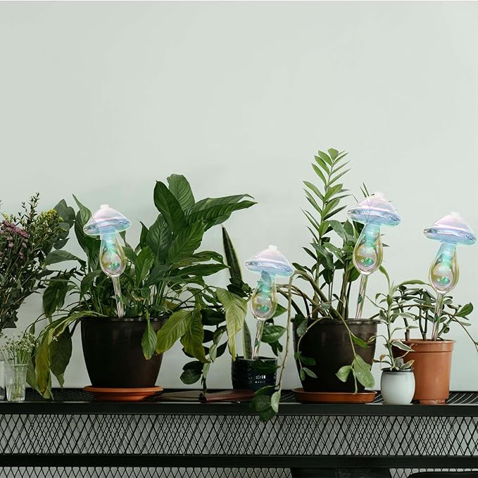 Plant Watering Globes 4 Pack, Self Watering Planter Insert, Mushroom Self Watering Globes for Indoor & Outdoor Plants, Top-Fill Watering, Watering Bulbs Made from Hand-Blown Durable Glass