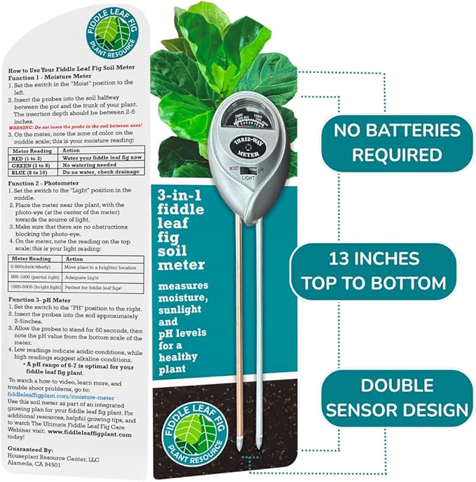 Houseplant Resource Center Fiddle Leaf Fig 3-in-1 Soil Moisture Meter for Plants – Best Indoor Plant Water Meter for Potted Houseplants - Light & Moisture Sensor Probe for Optimal Growth