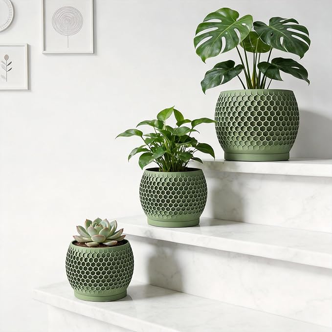 Plant Pots, Modern 3D Printed Honeycomb Planters for Indoor Plants, 4.7/6/8 Inch Military Green Decorative Flower Pot for Office Desktop, Bookshelf & Home Decor, Lightweight & Durable