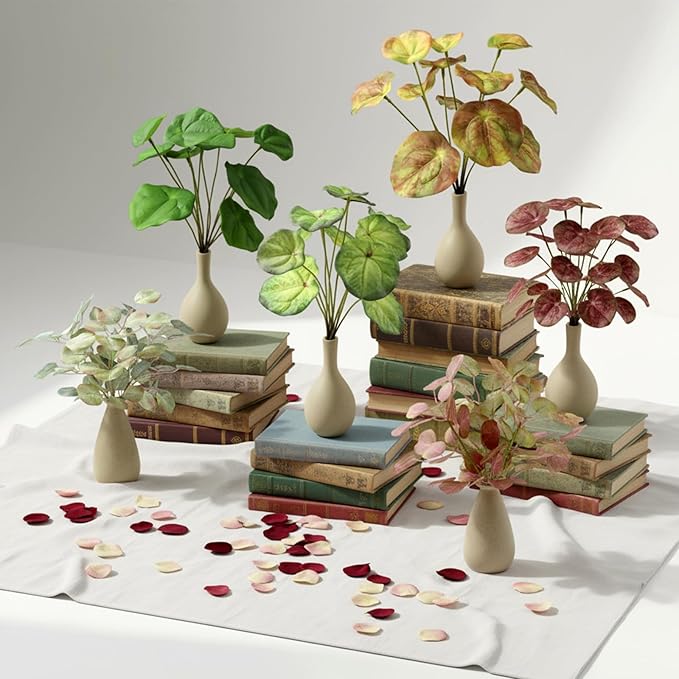 Fake Green Plants with Ceramic Vase, Artificial Tropical Faux Pilea Plants Fake Greenery Indoor for Office Desk Bedroom Livingroom Bathroom Shelf Windowsill Home House Decor (Autumn Color)