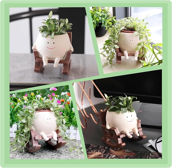 Camotank Smiley Face Rocking Chair Planters Flower Pots for Plants Funny Succulents Plant Live Cute Resin Head Planter for Indoor Outdoor Plants Gift Ideas for Mother and Christmas (Large)
