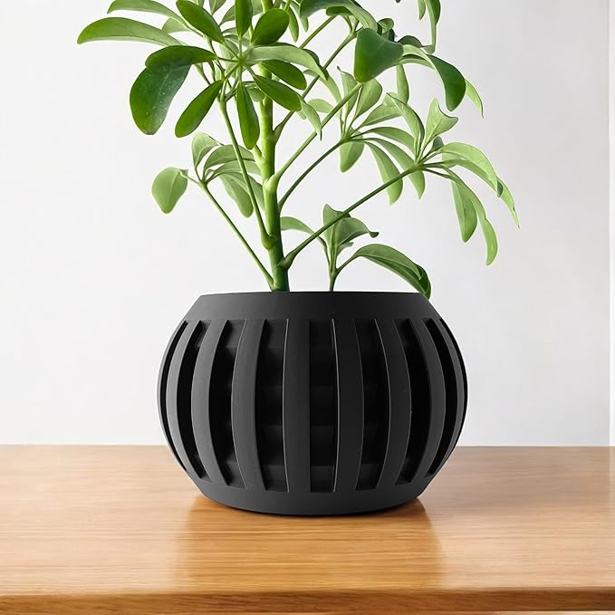 Grove Modern Planter – Black Plant Pot with Slat Design & Drainage, Contemporary Round Flower Vessel for Indoor Plants & Home Decor (Obsidian Black, Outer Dimensions: Compact 6" Width x 4" Height)