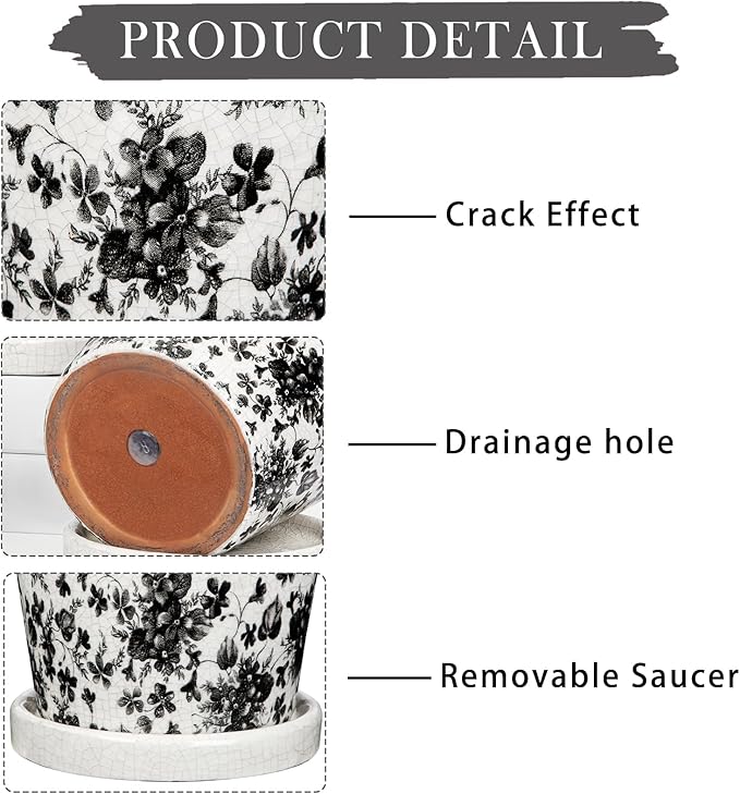 Set of 3 Black Plant Pots, Small Flower Pots Round Planter Pot with Drainage Hole and Saucers Modern Ceramic Planters for Indoor Plants Succulents Cactus Orchid Garden 5.5 Inch Outdoor Plant Pot