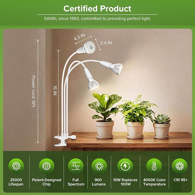 Grow Lights for Indoor Plants, LED 30 W Full Spectrum Bulb Replaceable Plant Light, 450 W Equivalent Clip on Grow Light with Optical Lens for Indoor Growing, Lifetime Free Bulb Replacement