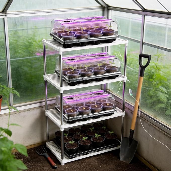 RooTrimmer 3 Pack 12 Cell Seed Starting Trays with Clear Domes and Growing Lights & 4 Inch Clear Seedling Pots 36 Pack, Plant Nursery Faster Propagation Kit 3 Sets for Seeds Vegetables Herbs