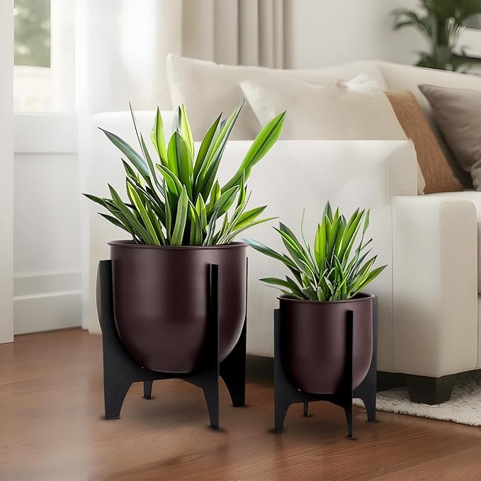 TRIROCKS Set of 2 Planters with Stand Indoor Outdoor Metal Plant Stand 11 &8.5" H Modern Planters Flower Pots for Living Room Corner Kitchen Office Garden Balcony Patio Decor (Brown)