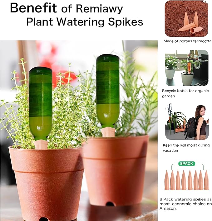 REMIAWY Plant Watering Devices - Terracotta Vacation Self Plant Waterer Spikes Wine Bottle Stakes Slow Release Devices for Indoor Outdoor Plants (8 Pack)