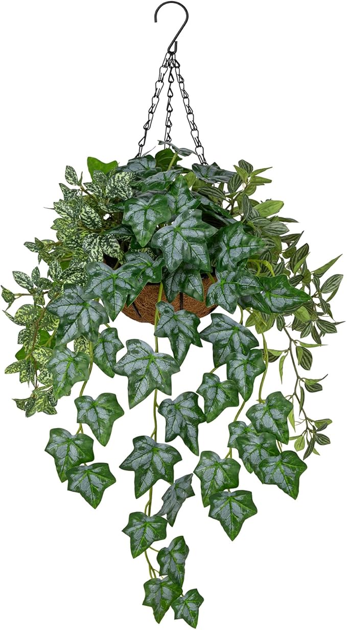 Fake Hanging Plant with Pot, Large Hanging Artificial Plants with Basket & Hanger Faux Greenery Plants Indoor Outdoor Decor Fake Ivy Vine Plant in Pot for Wall Balcony Patio Office Bathroom Shelf