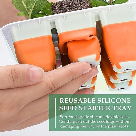 Seed Starter Tray, Reusable Seed Starter Kit, Silicone Seedling Starter Trays for Starting Plant Seeds, Seed Starting Trays with Flexible pop-Out Cells, Indoor Plant Germination Trays (Orange 10PCS)