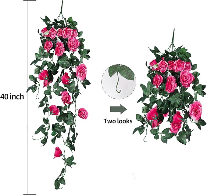 RECUTMS 2pcs Artificial Hanging Plants 32 in Fake Plant Ivy Vine Outdoor UV Resistant Plastic (Rose red)