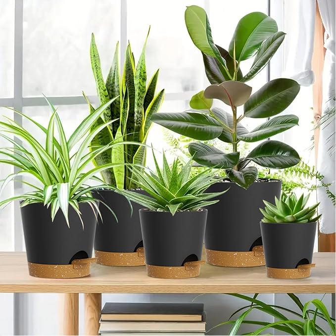 WSMKSZ 7/6.5/6/5.5/5/4 inch Self Watering Pots for Indoor Outdoor Plants, 6 Pack Plastic Flower Planters with Drainage Holes and Removable Saucers, Plant Pots with Wicking Rope, Black Brown