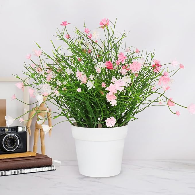 Artificial Babys Breath Potted Fake Plants with Flowers Faux Plants Indoor for Home Office Bookshelf Table Room Decor (Pink)