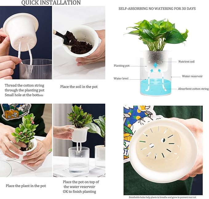 4.7 Inch Self Watering Pots,Clear Self-Watering Planters Box for Indoor Plants Flowers Outdoor Windowsill Gardens Comes with 1 Bag of White Pebbles