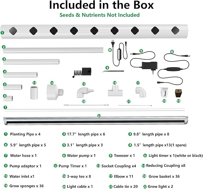 NFT Hydroponic Growing System Kit - Full-Spectrum Grow Lights & Timer | 36 Plant Sites | Food-Grade PVC-U Pipes | Auto Water Pump & Timer | Indoor Gardening for Leafy Greens, Lettuce & Herbs